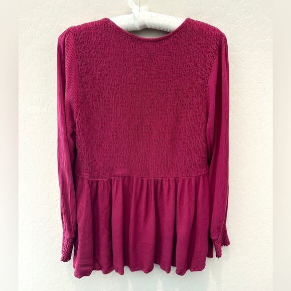 TORRID | Magenta Pink Babydoll Smocked Crinkle Blouse Long Sleeve | Large - Picture 6 of 9